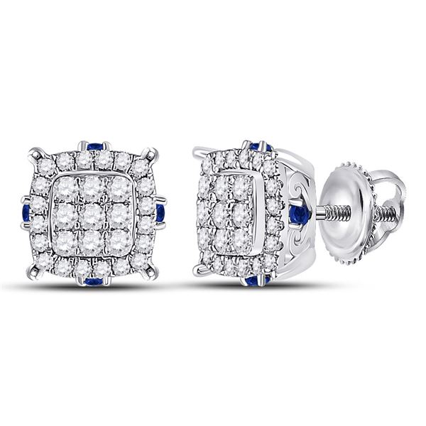 Diamond Blue Sapphire Square Earrings 3/4 Cttw 14kt White Gold