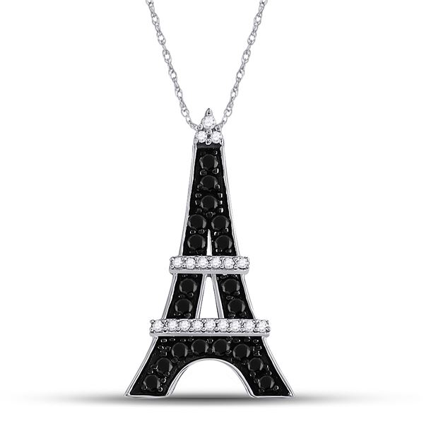 Black Color Enhanced Diamond Eiffel Tower Pendant 1/3 Cttw 10kt White Gold