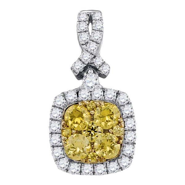 Yellow Diamond Cluster Square Frame Pendant 1 Cttw 14kt White Gold