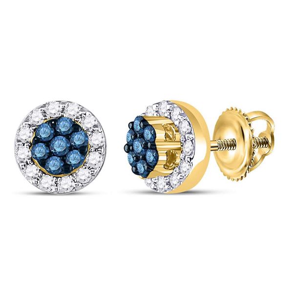 Blue Color Enhanced Diamond Flower Cluster Earrings 1/2 Cttw 10kt Yellow Gold