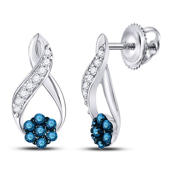 Blue Color Enhanced Diamond Cluster Earrings 1/5 Cttw 10kt White Gold