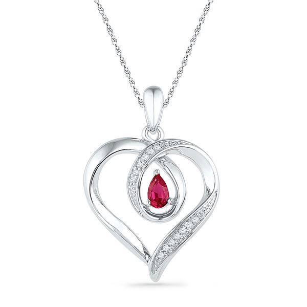 Pear Lab-Created Ruby Diamond Heart Pendant 1/20 Cttw 10kt White Gold