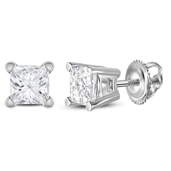 Unisex Princess Diamond Solitaire Stud Earrings 1/2 Cttw 14kt White Gold