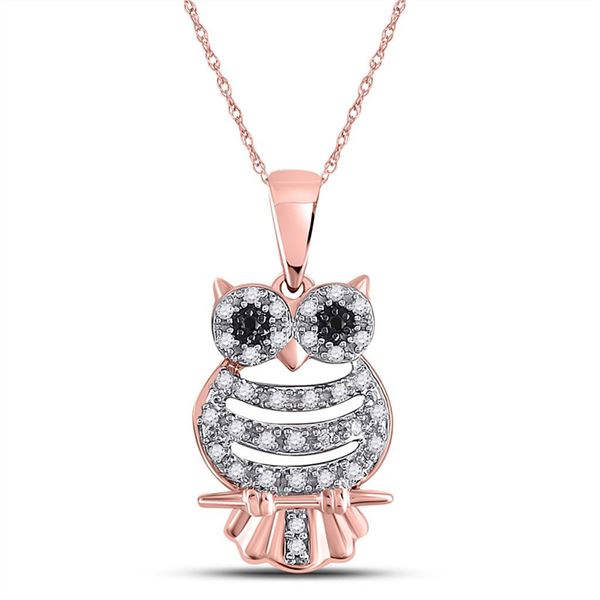 Black Color Enhanced Diamond Owl Animal Pendant 1/6 Cttw 10kt Rose Gold