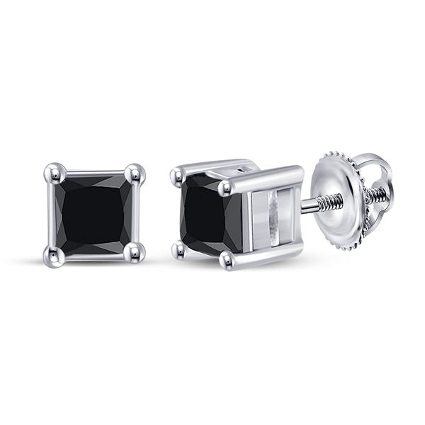 Princess Black Color Enhanced Diamond Solitaire Earrings 3/4 Cttw 10kt White Gold