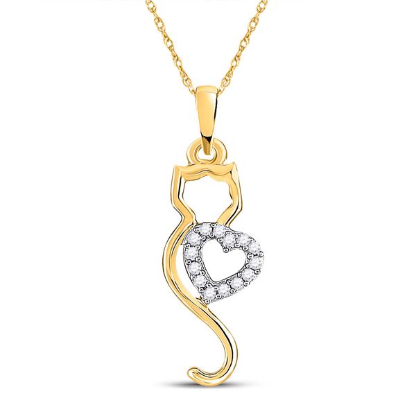 Diamond Cat Heart Animal Pendant 1/10 Cttw 10kt Yellow Gold