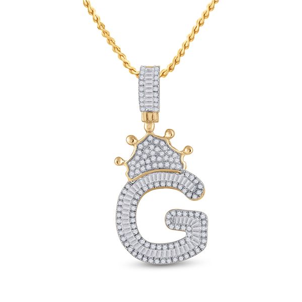 Mens Baguette Diamond Crown G Letter Charm Pendant 3/4 Cttw 10kt Yellow Gold
