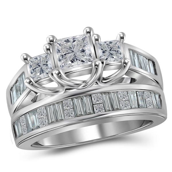 Princess Diamond 3-Stone Bridal Wedding Ring Band Set 2 Cttw 14kt White Gold