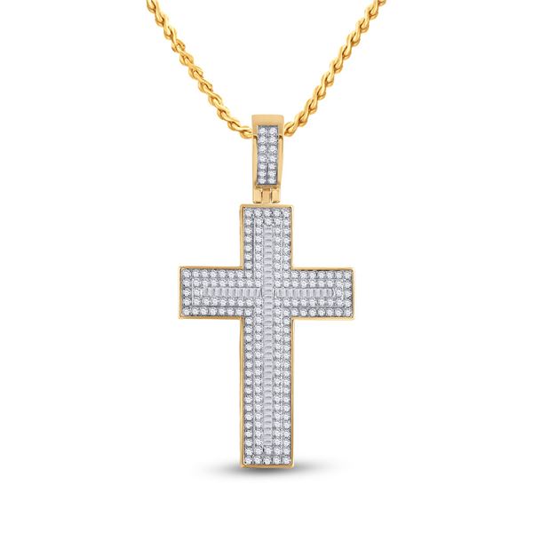Mens Baguette Diamond Cross Charm Pendant 2-3/4 Cttw 10kt Yellow Gold