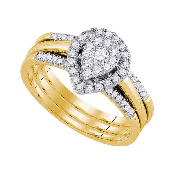 Diamond Teardrop Cluster Bridal Wedding Ring Band Set 1/2 Cttw 10kt Yellow Gold