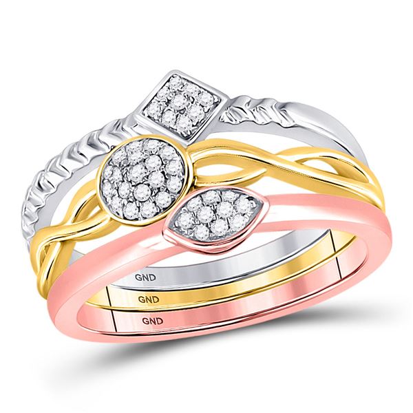 Diamond 3-Piece Stackable Band Ring Set 1/6 Cttw 10kt Tri-Tone Gold