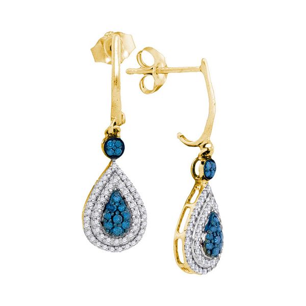 Blue Color Enhanced Diamond Teardrop Dangle Earrings 1/2 Cttw 10kt Yellow Gold