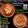 Image 1 : Proof ***Auction Highlight*** 1892 Proof Indian Cent 1c Graded pr65+ rb details By SEGS (fc)