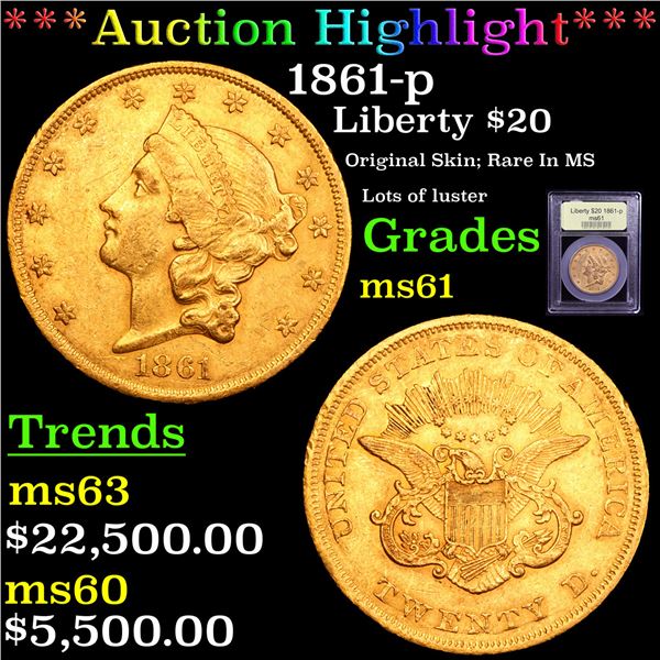 ***Auction Highlight*** 1861-p Gold Liberty Double Eagle $20 Graded BU+ By USCG (fc)