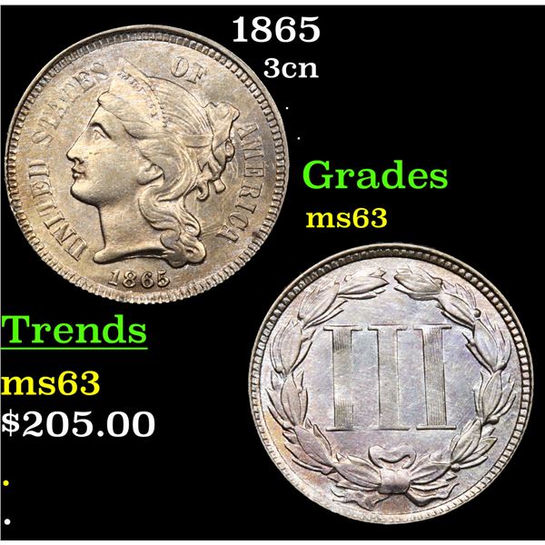 1865 Three Cent Copper Nickel 3cn Grades Select Unc