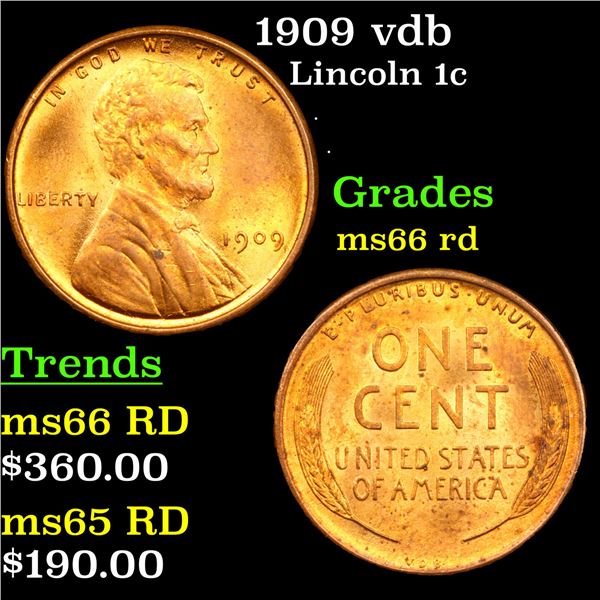 1909 vdb Lincoln Cent 1c Grades GEM+ Unc RD