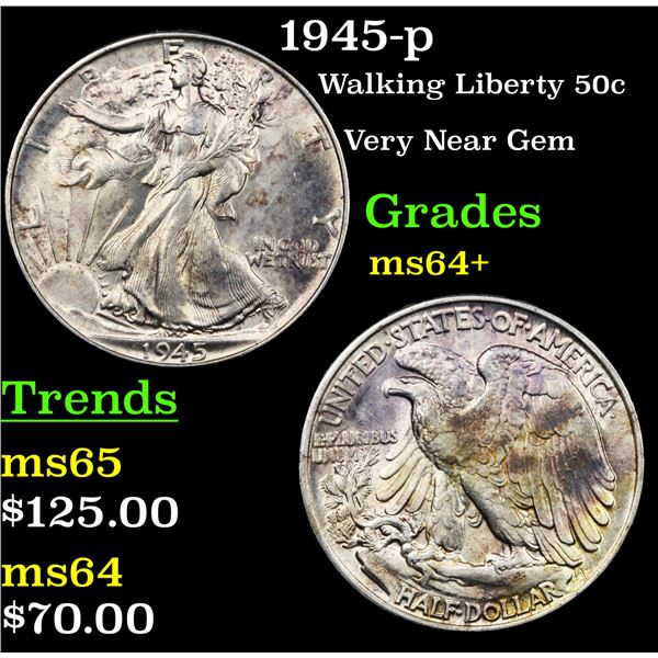 1945-p Walking Liberty Half Dollar 50c Grades Choice+ Unc