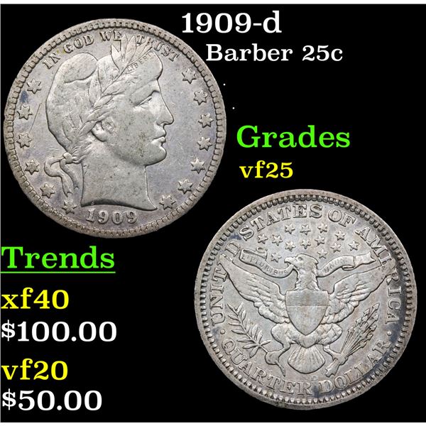 1909-d Barber Quarter 25c Grades vf+