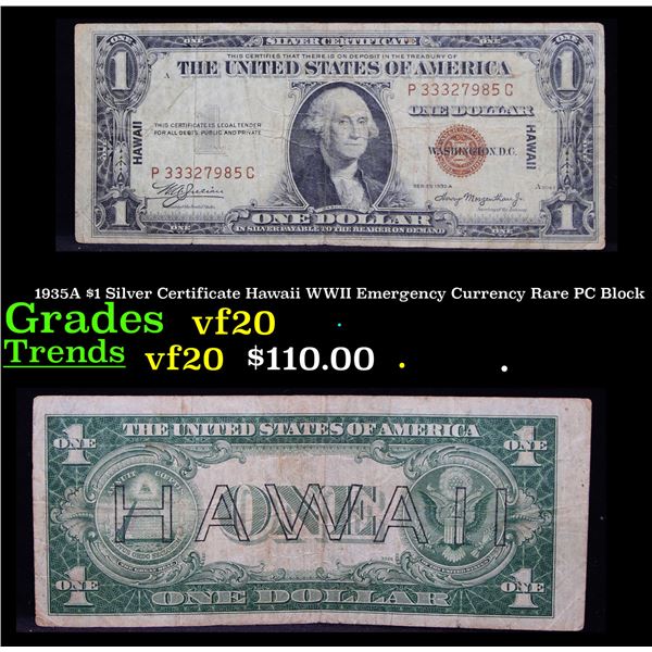 1935A $1 Silver Certificate Hawaii WWII Emergency Currency Rare PC Block Grades vf, very fine