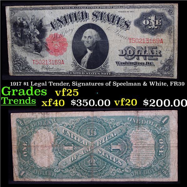 1917 $1 Legal Tender, Signatures of Speelman & White, FR39 Grades vf+