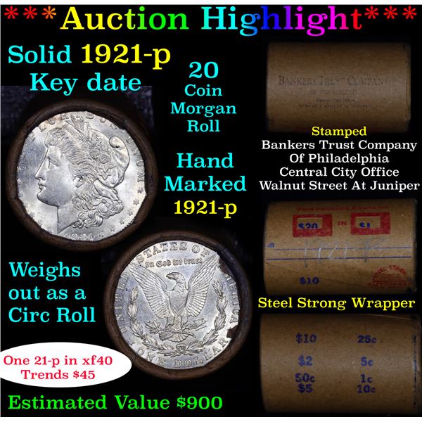 ***Auction Highlight*** Full solid date 1921-p Morgan silver $1 roll, 20 coins (fc)