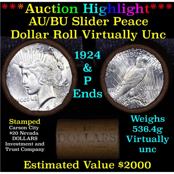 ***Auction Highlight*** AU/BU Slider Shotgun Nevada Invest & Trust Co Peace $1 Roll 1924 & P Ends Vi