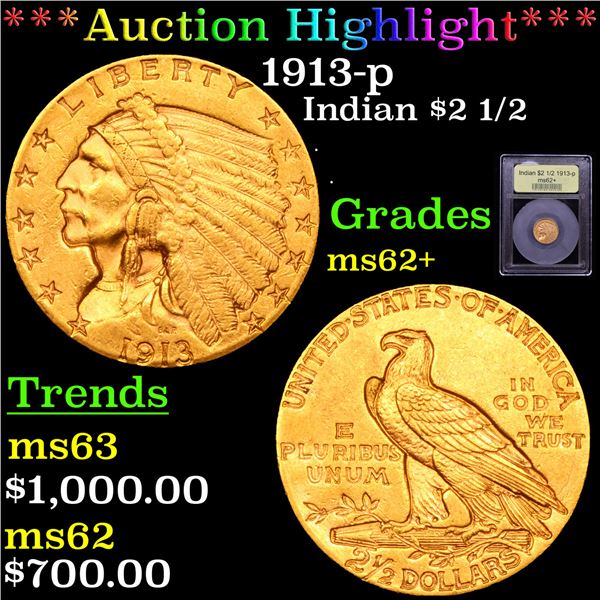 ***Auction Highlight*** 1913-p Gold Indian Quarter Eagle $2 1/2 Graded Select Unc By USCG (fc)