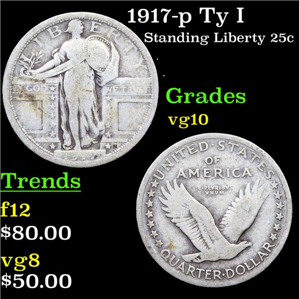 1917-p Ty I Standing Liberty Quarter 25c Grades vg+