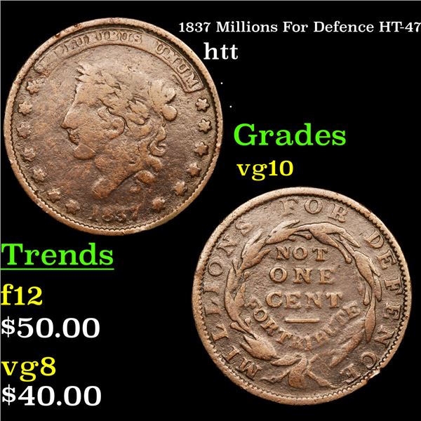 1837 Millions For Defence HT-47 Hard Times Token 1c Grades vg+