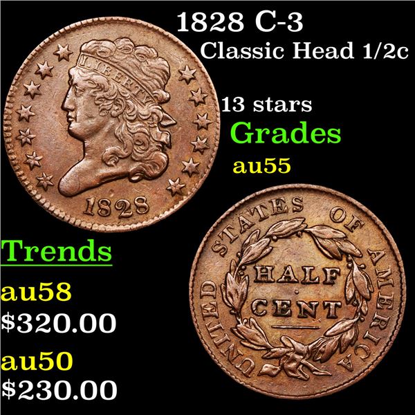 1828 C-3 Classic Head half cent 1/2c Grades Choice AU