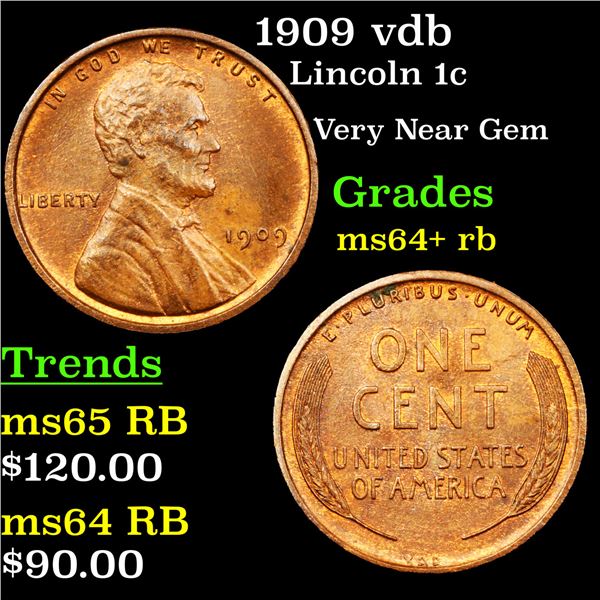 1909 vdb Lincoln Cent 1c Grades Choice+ Unc RB