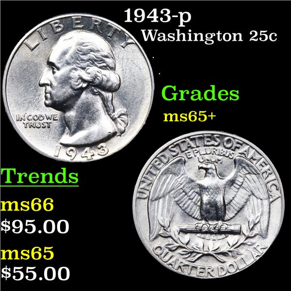 1943-p Washington Quarter 25c Grades GEM+ Unc