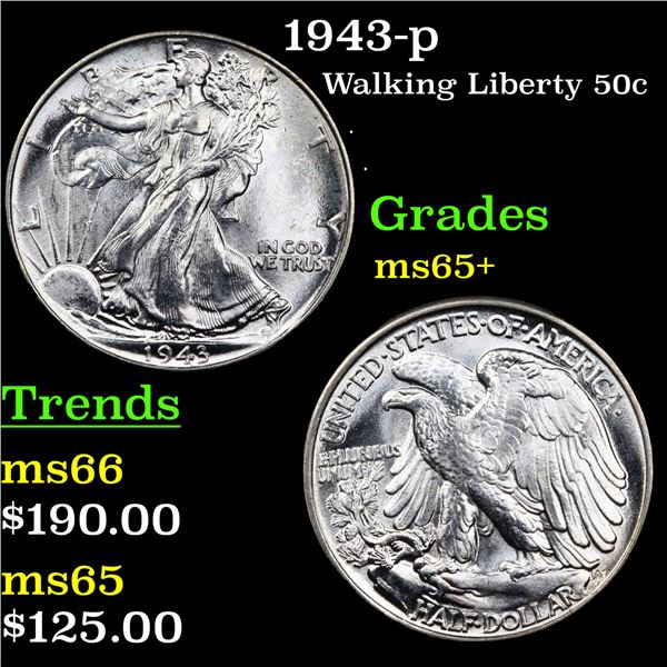 1943-p Walking Liberty Half Dollar 50c Grades GEM+ Unc