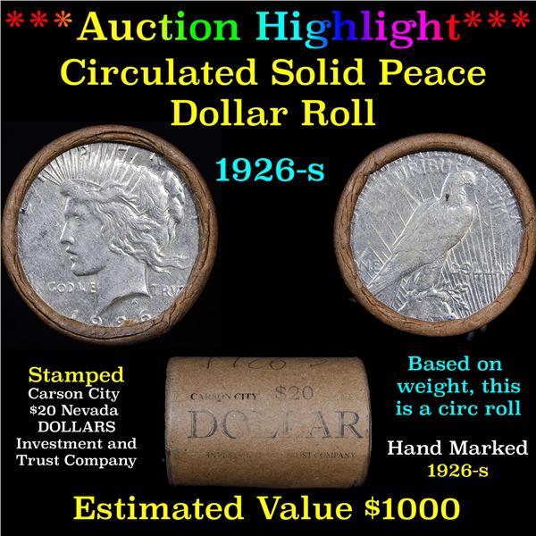 ***Auction Highlight*** Full solid Date 1926-s Peace silver dollar roll, 20 coin (fc)