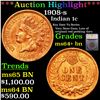 Image 1 : ***Auction Highlight*** 1908-s Indian Cent 1c Graded ms64+ bn By SEGS (fc)