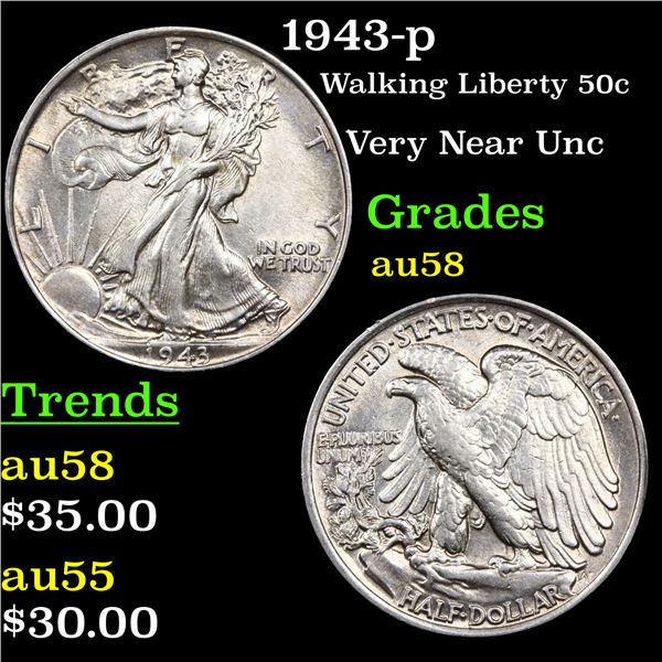 1943-p Walking Liberty Half Dollar 50c Grades Choice AU/BU Slider
