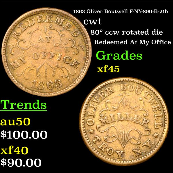 1863 Oliver Boutwell F-NY-890-B-21b Civil War Token struked on brass 1c Grades xf+