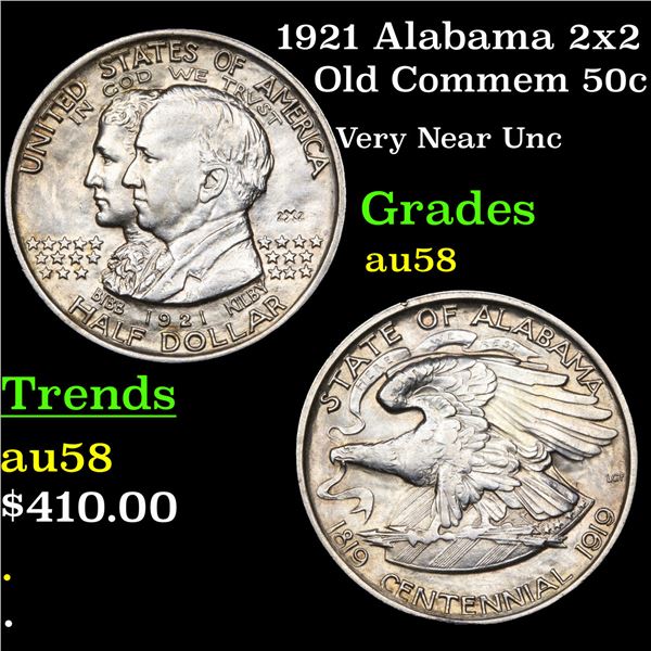 1921 Alabama 2x2 Old Commem Half Dollar 50c Grades Choice AU/BU Slider