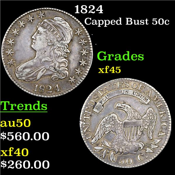 1824 Capped Bust Half Dollar 50c Grades xf+