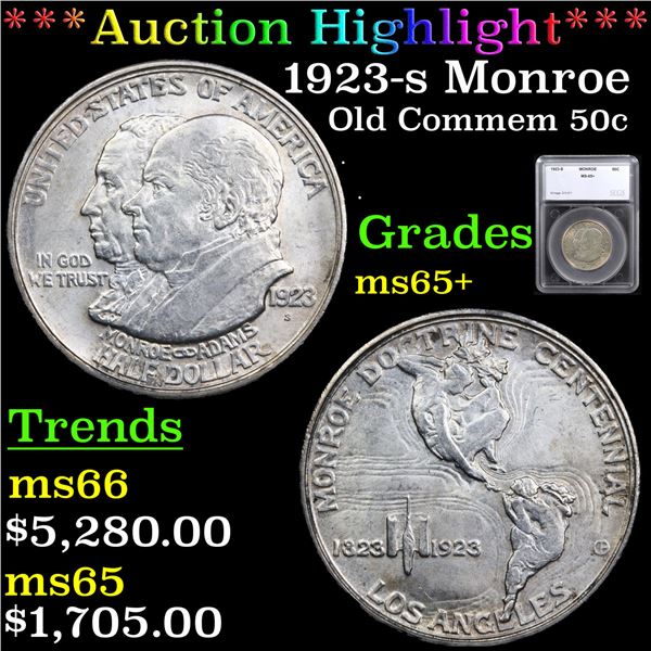 ***Auction Highlight*** 1923-s Monroe Old Commem Half Dollar 50c Graded ms65+ By SEGS (fc)