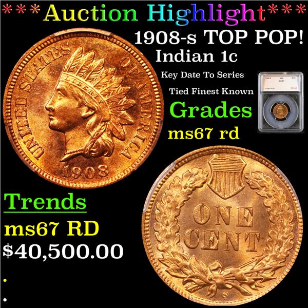 ***Auction Highlight*** 1908-s TOP POP! Indian Cent 1c Graded ms67 rd By SEGS (fc)