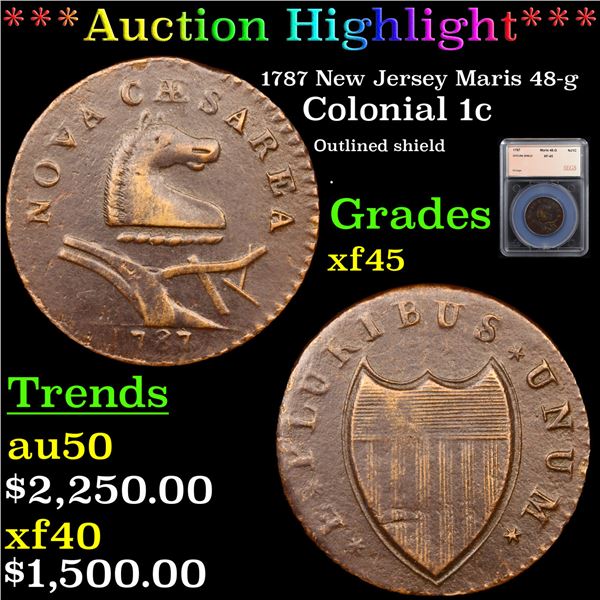 ***Auction Highlight*** 1787 New Jersey Maris 48-g Colonial Cent 1c Graded xf45 By SEGS (fc)
