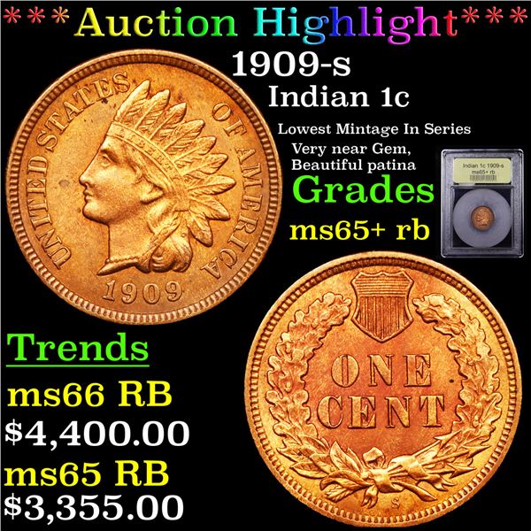 ***Auction Highlight*** 1909-s Indian Cent 1c Graded Gem+ Unc RB By USCG (fc)