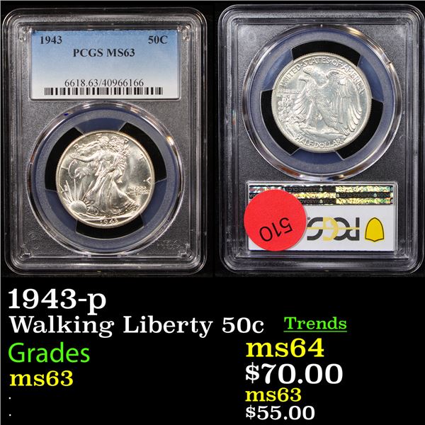PCGS 1943-p Walking Liberty Half Dollar 50c Graded ms63 By PCGS