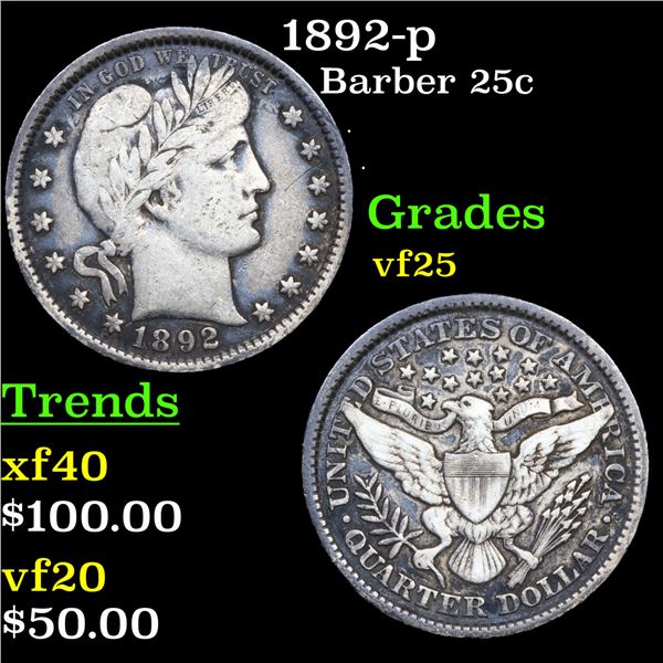 1892-p Barber Quarter 25c Graded vf+
