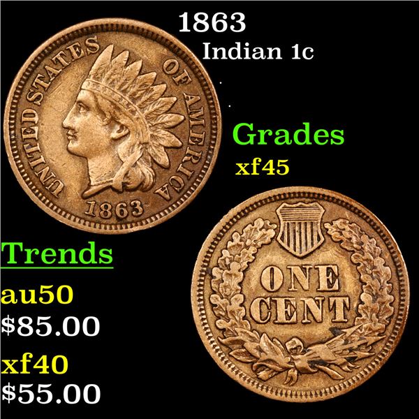 1863 Indian Cent 1c Graded xf+