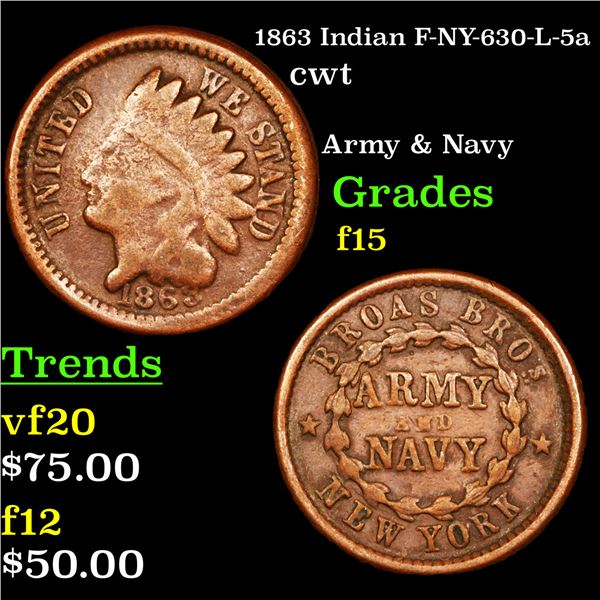1863 Indian F-NY-630-L-5a Civil War Token 1c Graded f+