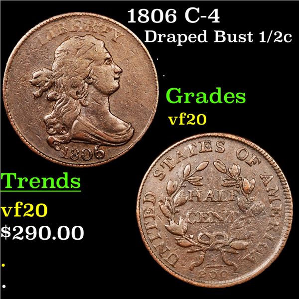 1806 C-4 Draped Bust Half Cent 1/2c Graded vf, very fine