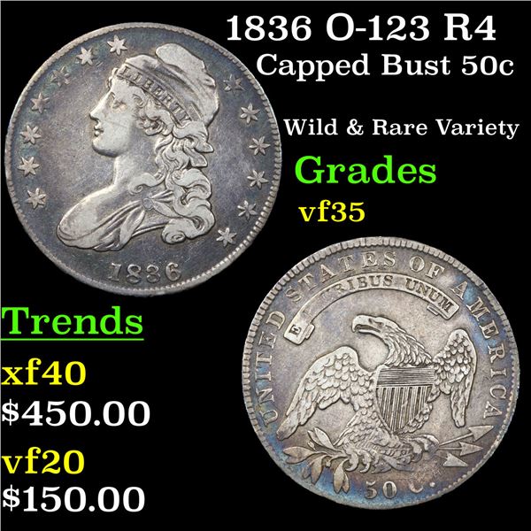 1836 O-123 R4 Capped Bust Half Dollar 50c Graded vf++