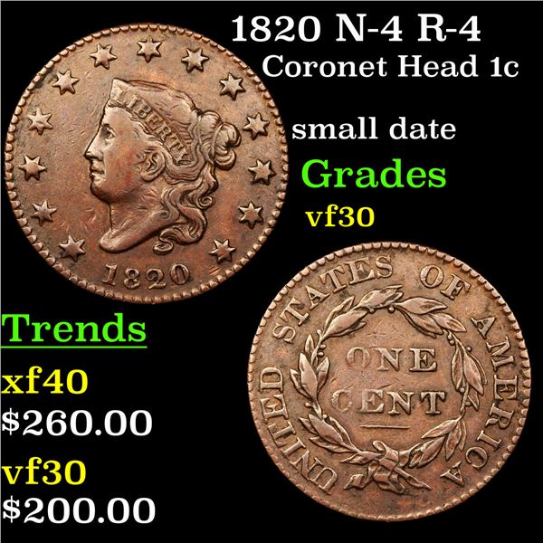 1820 N-4 R-4 Coronet Head Large Cent 1c Graded vf++